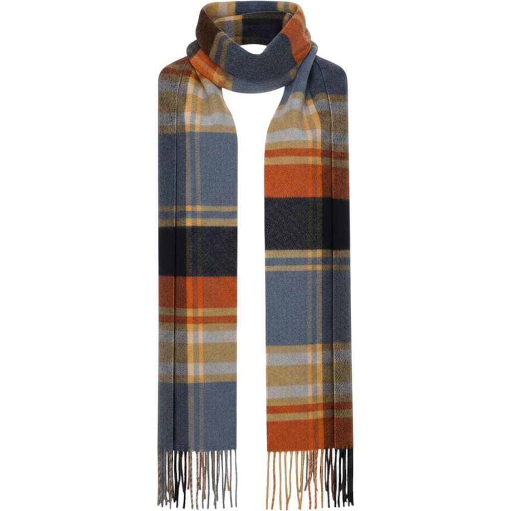Woolmark Pure New Wool Plaid Scarf Made in Italy Blue Orange Yellow Fringe